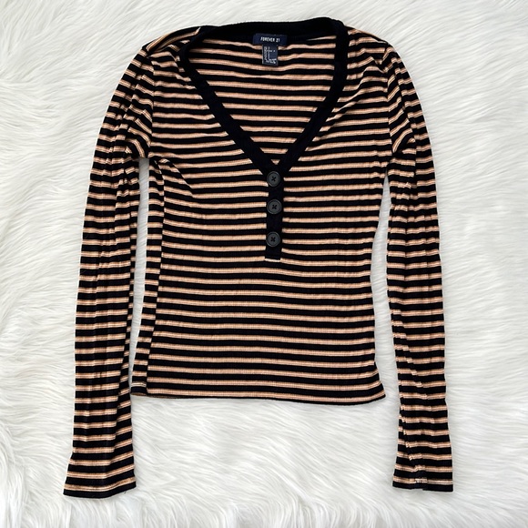 Dark Academia Long Sleeve Stripped Henley Y2K Top - Picture 1 of 3